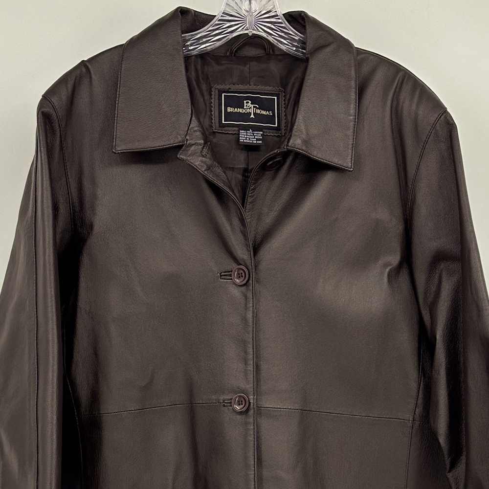 Brandon Thomas Leather Trench Coat Brown Size L - Picture 2 of 5